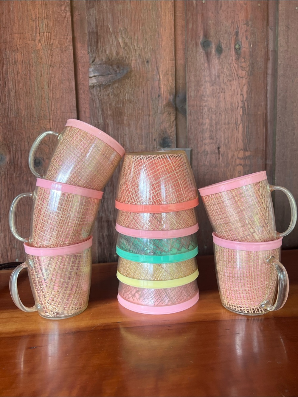 Vintage 1960s MCM Raffiaware Pastel Drinkware Set of 10